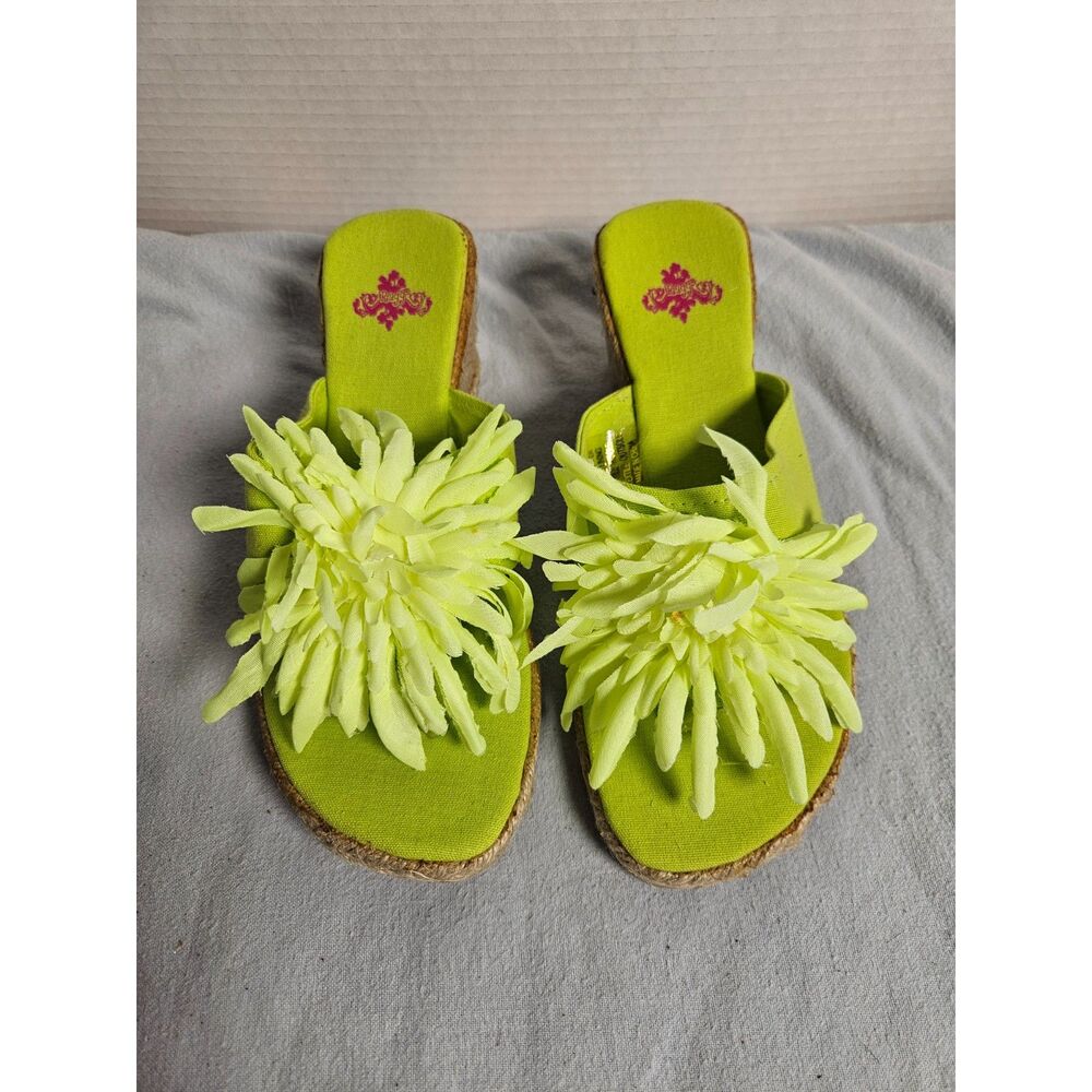 Peggy Lime Green Floral Espadrille Wedge Sandals Platform Slides Y2K Size 8 New